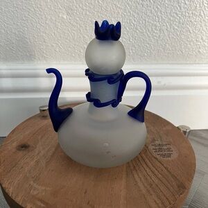 Vintage Small Frosted Glass Tea Pot with Blue Accents